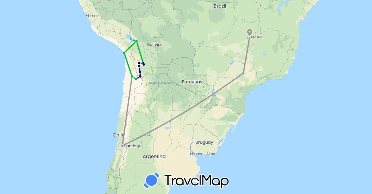 TravelMap itinerary: driving, bus, plane, boat in Bolivia, Brazil, Chile (South America)